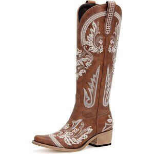 Women Faux Leather Brown Rhinestones Embroidered Chunky Heel Knee High Boot